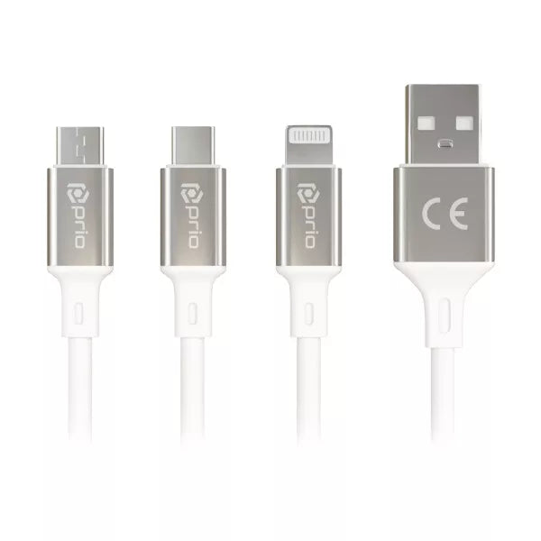 Prio 3in1 Micro-USB & USB-C & Lightning zu USB-A Kabel 3A 2m – Weiß