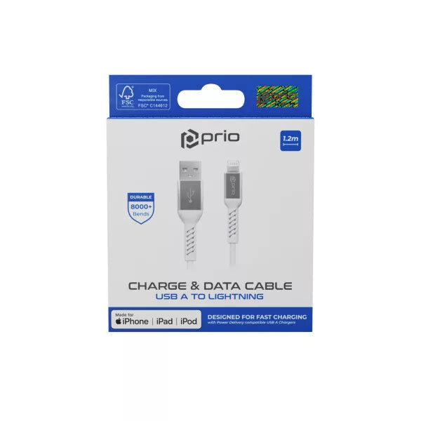 Prio iPhone Ladekabel USB-A auf Lightning – MFi zertifiziert, 1,2m, Weiß