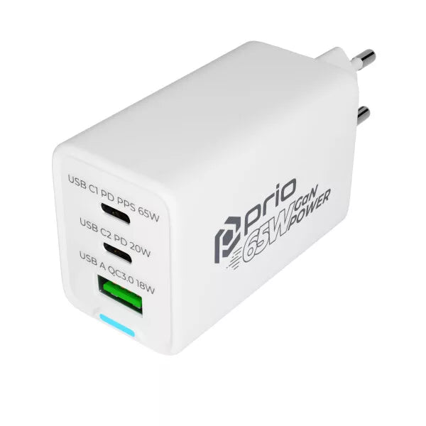Prio 65W GaN Power Charger – Kompaktes 3-Port Schnellladegerät für Laptop, Tablet & Smartphone | 2× USB-C + 1× USB-A | PD, PPS & QC 3.0