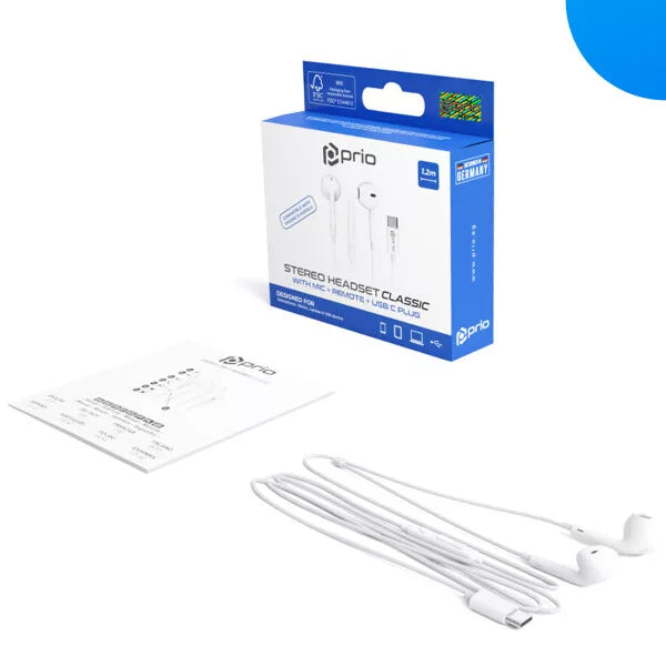 Prio Stereo USB-C Headset In-Ear – Kopfhörer mit Mikrofon & Steuerung (Classic) – Weiß