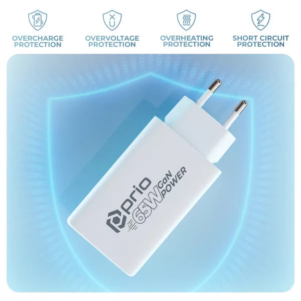 Prio 65W GaN Power Charger – Kompaktes 3-Port Schnellladegerät für Laptop, Tablet & Smartphone | 2× USB-C + 1× USB-A | PD, PPS & QC 3.0