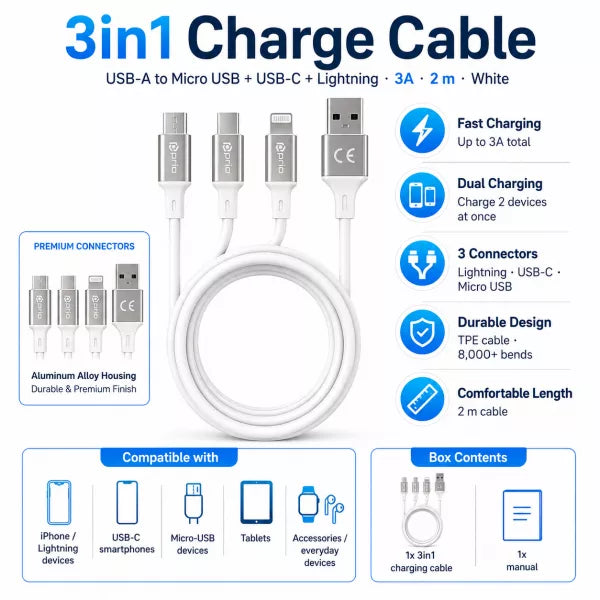 Prio 3in1 Micro-USB & USB-C & Lightning zu USB-A Kabel 3A 2m – Weiß