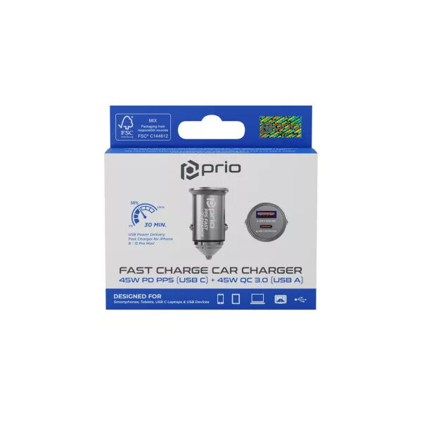 Prio 45W KFZ-Schnellladegerät USB-C & USB-A – PD 3.0, Silber