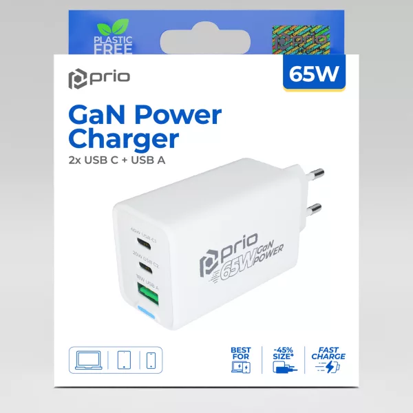 Prio 65W GaN Power Charger – Kompaktes 3-Port Schnellladegerät für Laptop, Tablet & Smartphone | 2× USB-C + 1× USB-A | PD, PPS & QC 3.0