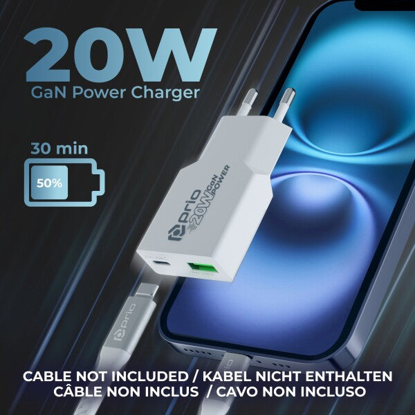 Prio 20W GaN Power Charger PD PPS (USB-C) + QC 3.0 (USB-A) – Weiß
