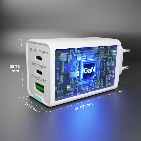 Prio 65W GaN Power Charger – Kompaktes 3-Port Schnellladegerät für Laptop, Tablet & Smartphone | 2× USB-C + 1× USB-A | PD, PPS & QC 3.0