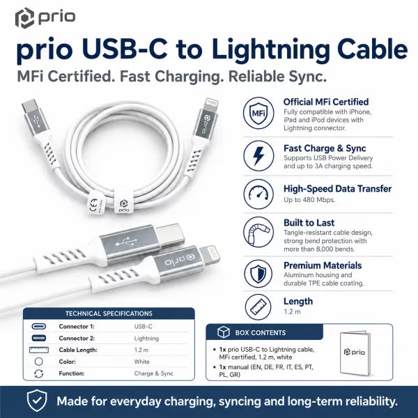 Prio iPhone Ladekabel USB-C auf Lightning – MFi zertifiziert, 1,2m, Weiß