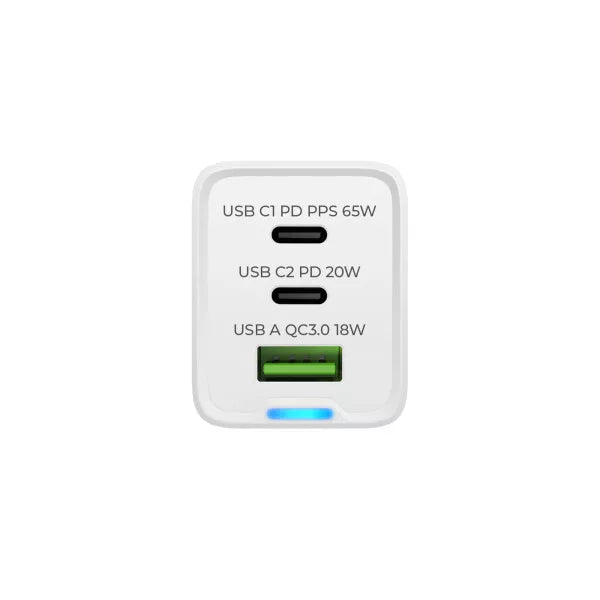 Prio 65W GaN Power Charger – Kompaktes 3-Port Schnellladegerät für Laptop, Tablet & Smartphone | 2× USB-C + 1× USB-A | PD, PPS & QC 3.0