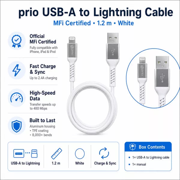 Prio iPhone Ladekabel USB-A auf Lightning – MFi zertifiziert, 1,2m, Weiß