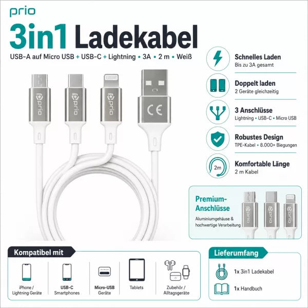 Prio 3in1 Micro-USB & USB-C & Lightning zu USB-A Kabel 3A 2m – Weiß