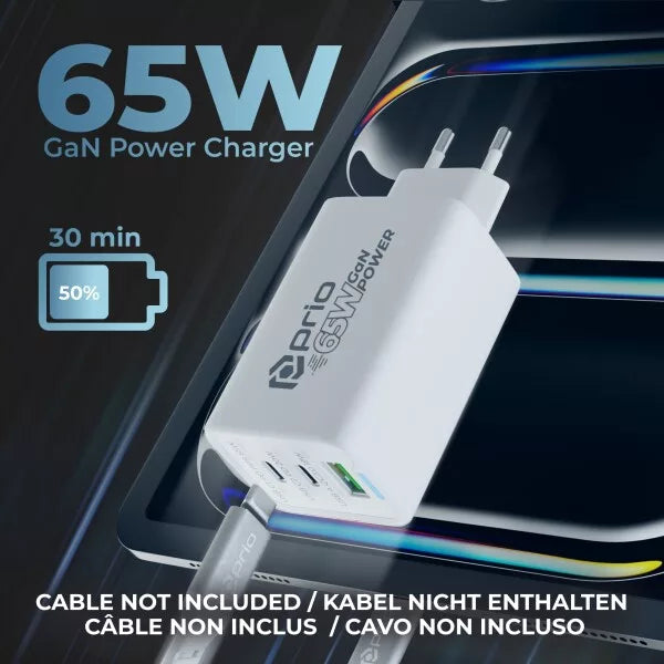 Prio 65W GaN Power Charger – Kompaktes 3-Port Schnellladegerät für Laptop, Tablet & Smartphone | 2× USB-C + 1× USB-A | PD, PPS & QC 3.0