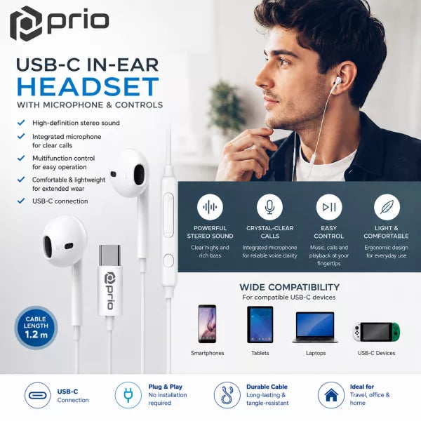 Prio Stereo USB-C Headset In-Ear – Kopfhörer mit Mikrofon & Steuerung (Classic) – Weiß