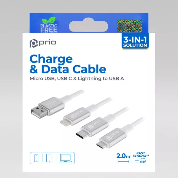 Prio 3in1 Micro-USB & USB-C & Lightning zu USB-A Kabel 3A 2m – Weiß