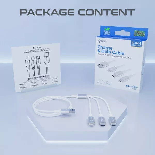 Prio 3in1 Micro-USB & USB-C & Lightning zu USB-A Kabel 3A 2m – Weiß