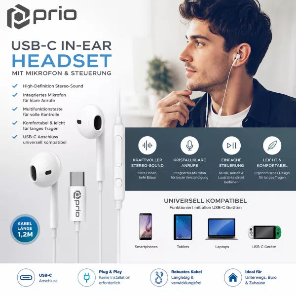 Prio Stereo USB-C Headset In-Ear – Kopfhörer mit Mikrofon & Steuerung (Classic) – Weiß