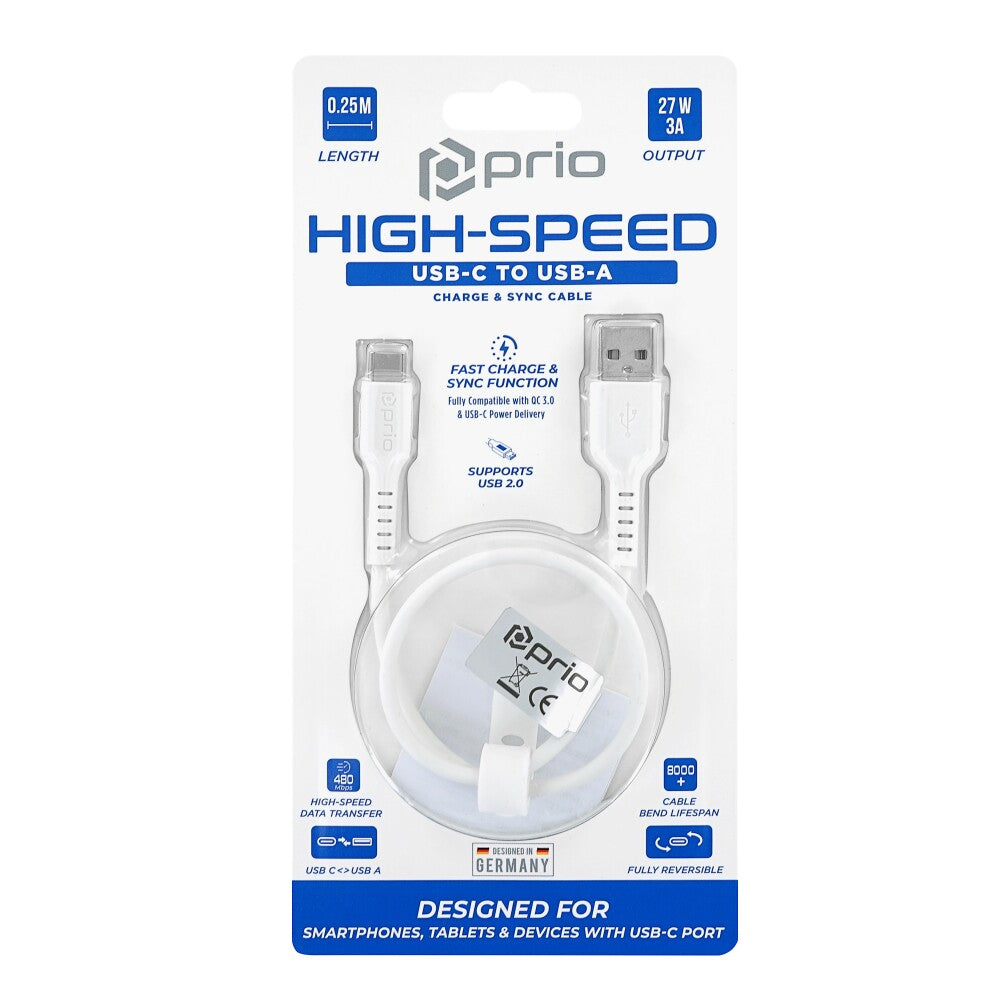 Prio USB-C auf USB-A Kabel 0,25m – 27W Schnellladen & 480 Mbps Datenübertragung
