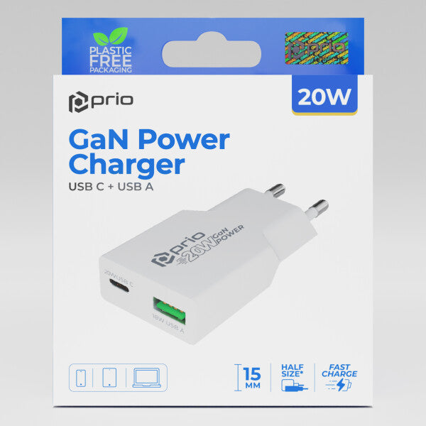 Prio 20W GaN Power Charger PD PPS (USB-C) + QC 3.0 (USB-A) – Weiß